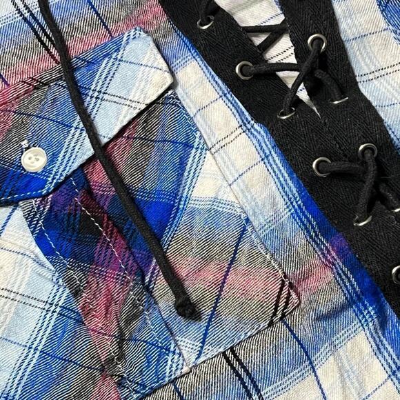 Express Womens Tunic Flannel Plunge V-Neck sz M Long Sleeve Lace Up Top Cottage - Picture 5 of 7